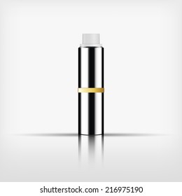 Isolated blank cosmetic silver bottle with white cap and gold band on white background (vector) 