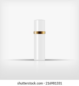 Isolated blank cosmetic white bottle with gold band on white background (vector) 