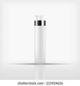 Frasco superior de la bomba cosmética blanca aislada con tapón de plata sobre fondo blanco (vector) 