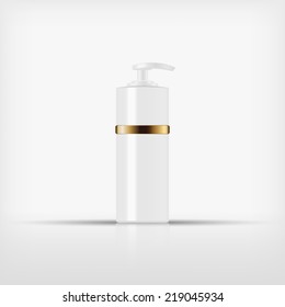 Isolated blank cosmetic white pump top bottle with gold band on white background (vector)