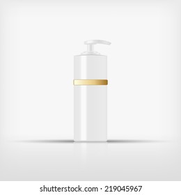 Isolated blank cosmetic white pump top bottle with gold band on white background (vector)