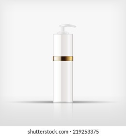 Isolated blank cosmetic white pump top bottle with gold band on white background (vector) 