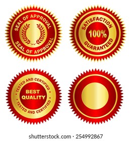 Isolated Blank Gold and red stamp / seal for certificates. including satisfaction 100% guaranteed, Seal of approval, Tested and certified and blank one.