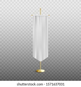 Isolated blank mockup of white medieval banner with flowing silk fabric on transparent background - empty canvas with pointed rectangle shape. Vector illustration.