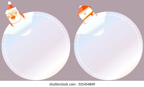 Isolated blank round circle sticker price tag object, icon, symbol for Merry Christmas Holidays event. Cute Santa Claus and snowman peel off corner of the sign. Customize your special discount label.