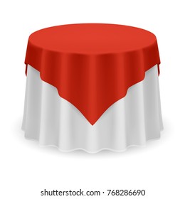 Isolated Blank Round Table with Tablecloth in Red and White Colors