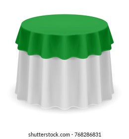 Isolated Blank Round Table with Tablecloth in White and Green