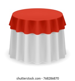 Isolated Blank Round Table with Tablecloth in Red and White