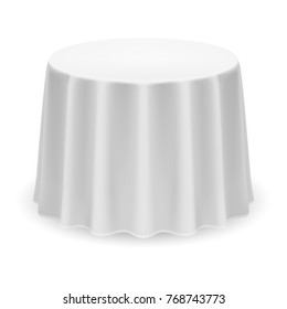 Mesa redonda en blanco aislada con manteles en color blanco para diseño