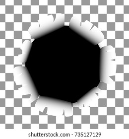 Isolated blank transparent background. Mock up vector black hole. Advertise mockup paper page. Empty open torn edge for text message.