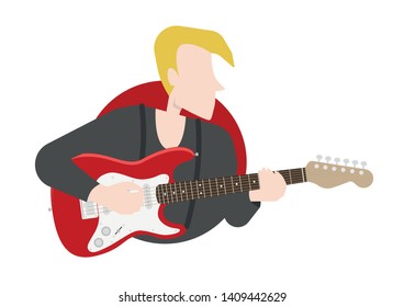 Isolated blonde man playing a red and white electric guitar. Musical instrument, musician. Flat style vector illustration.