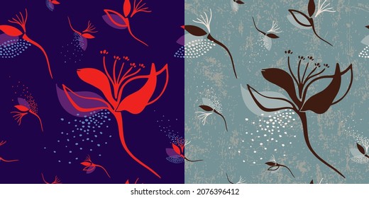 Isolated bloom floral patterns an tow colors. Distressed pastel version and dark colorful.
Editable seamless pattern.