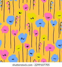 Isolated blooms with stems seamless repeat pattern. Hand drawn, vector abstract flowers all over print on orange background.