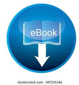 Isolated blue badge with an e-book icon on a white background