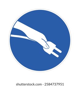 Isolated blue circle sign electric power station.  With illustration hand holds electric plug, with power sparks