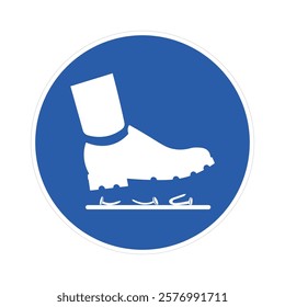 Isolated blue circle sign mandatory to wear safety shoes, risk nails puncture on foot sole