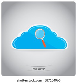 Isolated blue cloud with a magnifying glass and text on a grey background