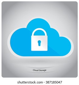 Isolated blue cloud with a silhouette of a lock and text on a grey background