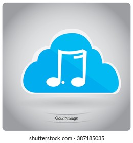 Isolated blue cloud with text and a musical note on a grey background