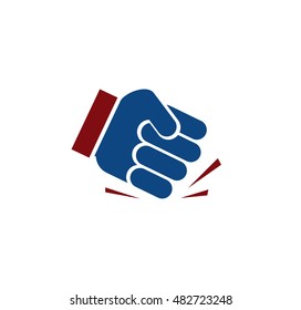 Isolated blue color fist logo. Human hand angry gesture. Protest symbol. Aggressive objection sign. Force and violence icon. Designed judge hammer. Vector illustration. 