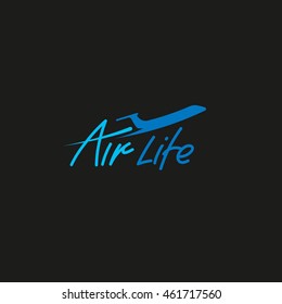 Isolated blue color plane silhouette vector logo on the black background. Airplane side view logotype. Traveling company business emblem. Transport icon. Flight element.
