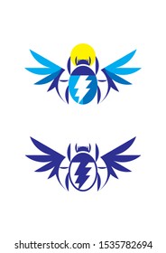 Isolated blue and dark blue egyptian scarab logo design with wings and lightnings