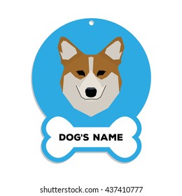 Isolated blue dog tag with text and an illustration of a dog breed