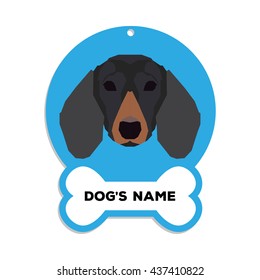 Isolated blue dog tag with text and an illustration of a dog breed