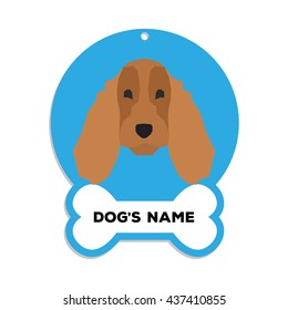 Isolated blue dog tag with text and an illustration of a dog breed