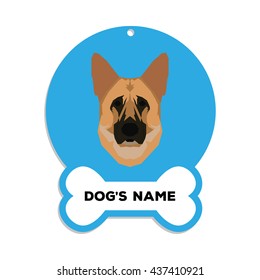 Isolated blue dog tag with text and an illustration of a dog breed