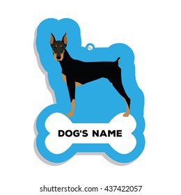Isolated blue dog tag with text and an illustration of a dog breed