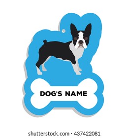 Isolated blue dog tag with text and an illustration of a dog breed