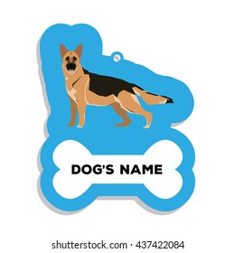 Isolated blue dog tag with text and an illustration of a dog breed