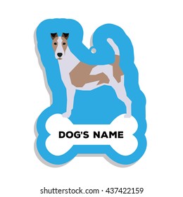 Isolated blue dog tag with text and an illustration of a dog breed