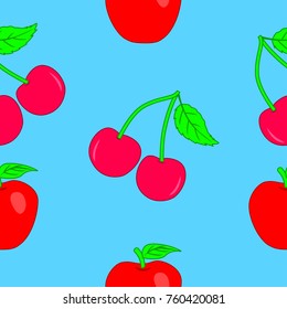 Isolated blue filling a seamless texture of apples and cherries.