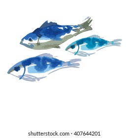 isolated blue fish food set watercolor vector illustration. little seafood snack handmade  aquarelle