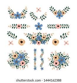 Isolated blue flower elements with branch and leaves. Vector wreath bouquet and decorative object. Set of blooming floral material for graphic design.