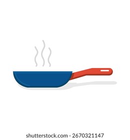 Isolierte blaue Bratpfanne mit rotem Griff emittiert Dampf auf sauberem, weißem Hintergrund, bereit, um in die Küche thematische Kompositionen hinzuzufügen.