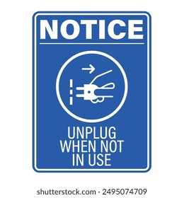 Isolated blue instruction sign to pull or unplug electric device and power cable form socket sticker label