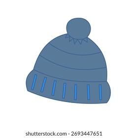 Isolated blue knitted winter hat with pompom. Simple, clean vector illustration on white. Cozy, warm, and seasonal apparel. Perfect for winter designs.