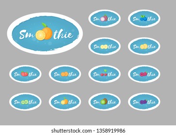 Isolated blue label set smoothie fruit shake vector illustration. Hand drawn sign Smoothie on blue background in white frame on smoothies drink cocktail sticker for shop decoration design