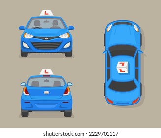 Isolated blue learner vehicle with "L" sign on a roof. Driving school service. Front, back and top view. Flat vector illustration template.