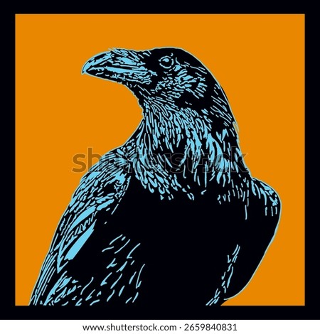 Isolated, blue line on orange bacground crow illustration.
