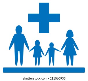 isolated blue medical sign with family and cross silhouette