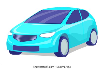 Isolated blue modern sports automobile with headlights for quickly moving. Vehicle of everyday using transport. Transportation, comfortable auto for driving. Sedan or hatchback with tinted windows