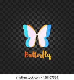 Isolated blue and orange butterfly with writing vector logo. Flying insects logotype. Wild nature elements icon. Wings illustration.