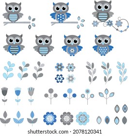 Lechuzas azules aisladas e ilustraciones vectoriales de flores