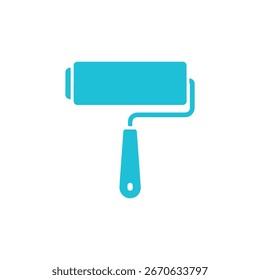 Icono de rodillo de pintura azul aislado sobre fondo blanco. Representa una herramienta de pintura utilizada en proyectos de construcción, mejoras para el hogar o renovación, limpia y mínima.