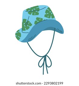Isolated blue panama with green leaves monstera and ties on white background in flat style. Summer recreation