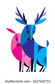 Isolated blue and pink deer on white background